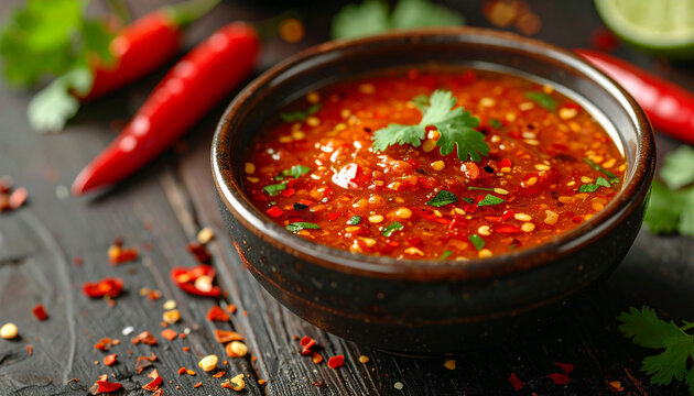 Tangy Thai spicy dipping sauce in ceramic bowl, rich red-orange color with chili flakes and lime seeds, fresh herbs scattered around
