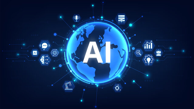 Abstract digital blue globe network with AI text in the center and a technology icon. Concept of artificial intelligence. Machine learning and advanced global technology systems. Vector illustration.