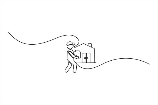 Minimalist continuous single line drawing of a delivery person carrying a box to a house, on a wavy line. Logistics and labor concept.