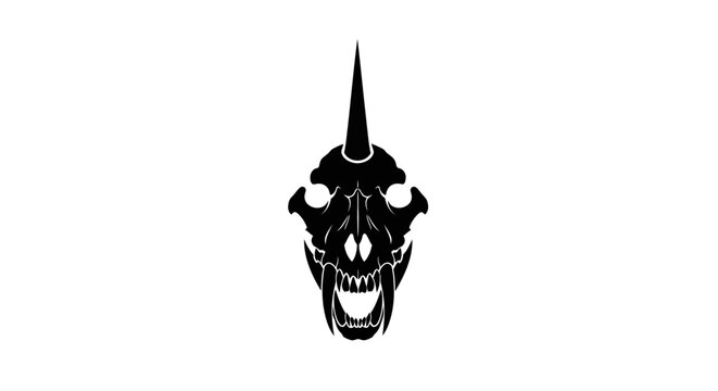 Illustration of a black dinosaur skull with a horn, set against a white background, symbolizing strength and prehistoric power