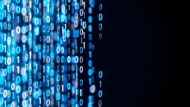 3D binary code rain on dark solid background with copy space

