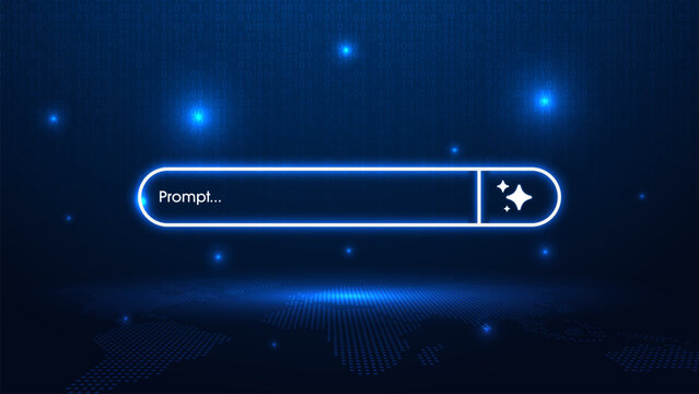 Concept of AI generate by a prompt. Futuristic generative bar on a binary code and digital world map background. AI assistant and agentic AI systems. Neural networks and advanced technology. Vector.