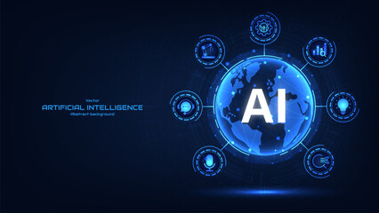 Fototapeta premium Abstract digital blue globe network with AI text in the center and a technology icon. Concept of artificial intelligence. Machine learning and advanced global technology systems. Vector illustration.