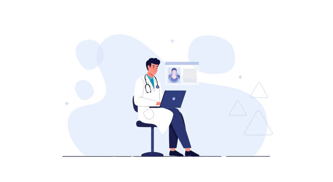 Doctor using laptop for online consultation, digital health record, medical technology