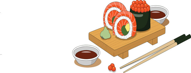 Salmon sushi rolls and gunkan on wooden board, Japanese food with chopsticks vector illustration © Momin