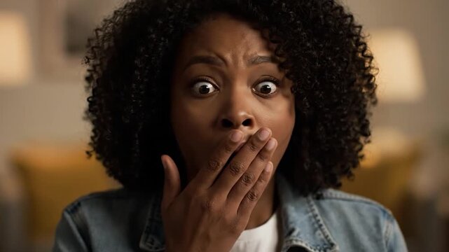 Shocked African American Woman Reacts with Wide Eyes and Open Mouth to Surprising News or Event.