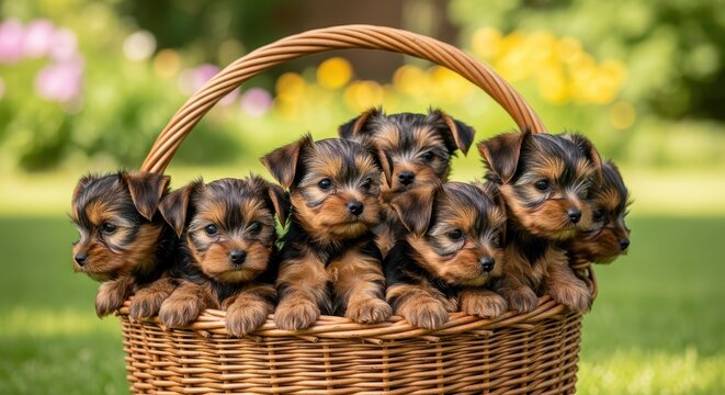 Adorable Yorkshire Terrier Puppies Snuggled Together in a Basket.