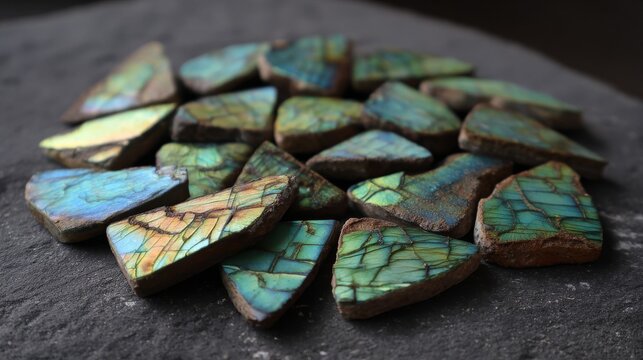 Polished labradorite shards with striking iridescent blue and green flashes arranged on a dark surface