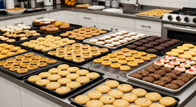 Abundant variety of freshly baked cookies arranged on baking sheets and trays, showcasing a delicious spread of homemade treats