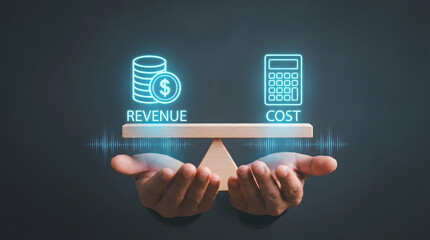 Obraz premium Balancing revenue and cost on a seesaw with glowing blue icons and hands