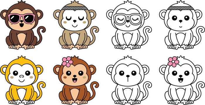 Cute monkey character illustrations set with various expressions and accessories, funny animal cartoon isolated vector