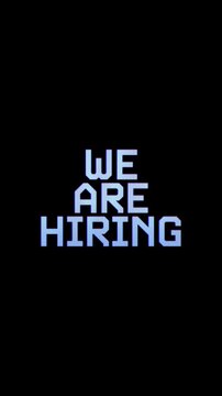 Abstract We are Hiring Typography with Digital Glitch Effect and Blue Stripes on Black Background. Perfect for vertical content, website pages, video intros, and futuristic social media content