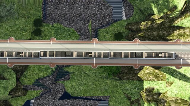 Top View Train Crossing Bridge Over Natural Landscape Cinematic Aerial Footage