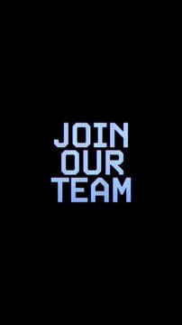 Abstract Join Our Team Typography with Digital Glitch Effect and Blue Stripes on Black Background. Perfect for vertical content, website pages, video intros, and futuristic social media content
