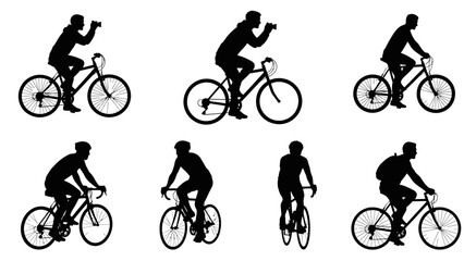 Obraz premium Bicycle silhouettes, cycling icons, bike riders, vector graphics, black illustrations, fitness symbols, sports graphics