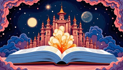 Naklejka premium An Enchanted Castle Emerges from the Pages of a Mystical Book Under a Starry Night Sky with Two Glowing Moons