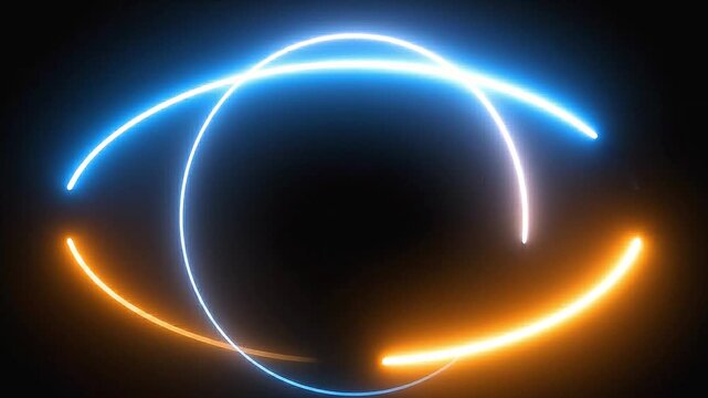 Abstract eye shape formed by glowing blue and orange neon light rings on a black background 4k video