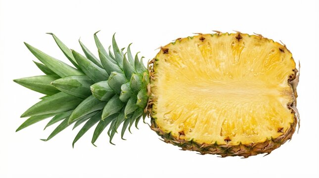 Fresh Ripe Pineapple Half with Green Crown Isolated on White Background, Top View of Sliced Tropical Fruit