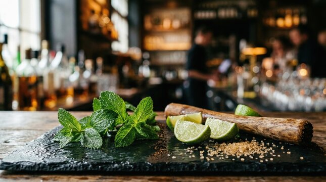 Fresh Ingredients for Making a Mojito Cocktail: Mint Leaves, Lime Wedges, Brown Sugar and Wooden Muddler on a Bar Counter