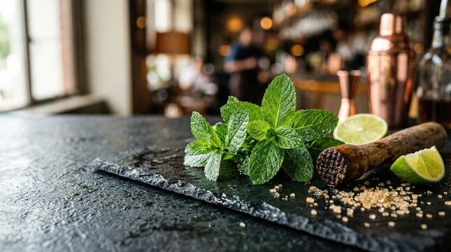 Fresh Mojito Ingredients with Mint Leaves, Lime Slices, Brown Sugar and Wooden Muddler on Dark Slate in a Professional Bar Setting