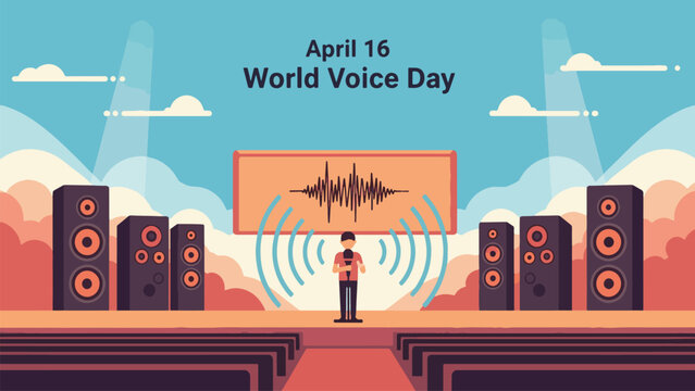 A person speaking on a stage with speakers and a sound wave graphic, celebrating World Voice Day on April 16.