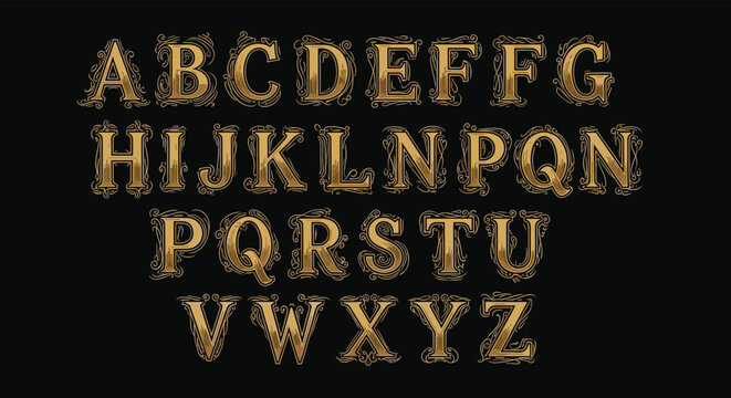 Complete set of vintage style alphabet letters in a textured gold finish arranged against a solid black background.