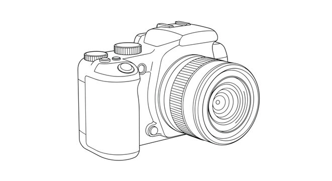 Clean and modern line art drawing of a professional DSLR camera with a large lens for photography and creative media.