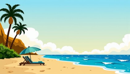 Obraz premium Tranquil Beach Scene with Palm Trees, Sandy Shore, and Lushly Cushioned Loungers Under a Blue Umbrella Beside Gently Rippling Ocean Waves on a Sunny Day