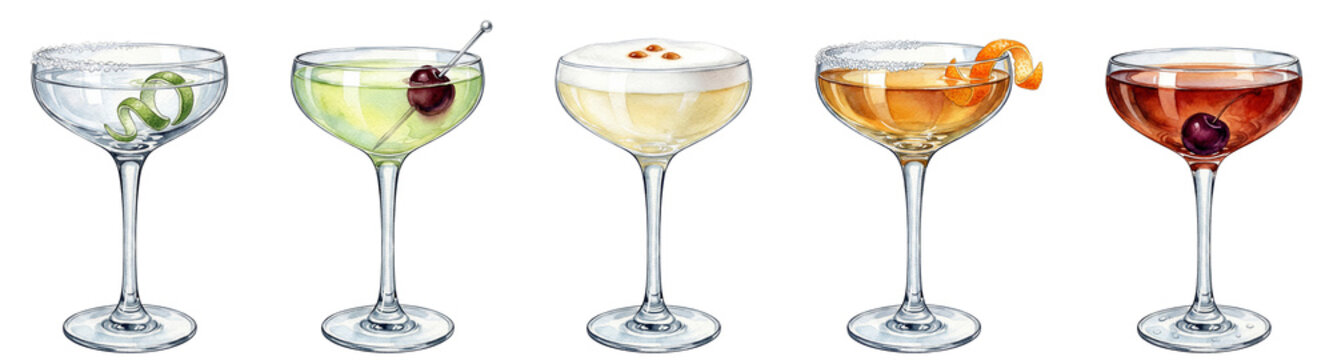 set of five watercolor illustrations of classic cocktails in coupe glasses on a transparent background