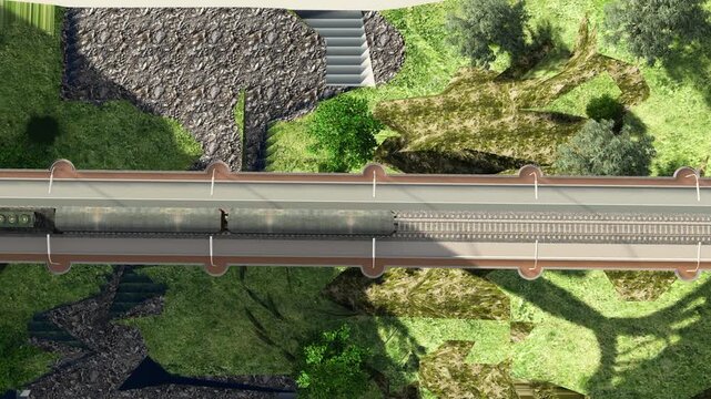 Top View Train Crossing Bridge Over Natural Landscape Cinematic Aerial Footage