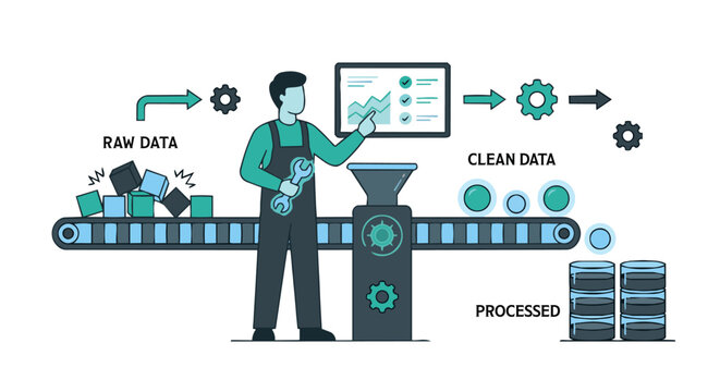 "A minimal 2D flat vector illustration of an ML Engineer managing a data preprocessing pipeline. The engineer stands next to a stylized conveyor belt. 