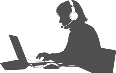Fototapeta premium Female customer support silhouette with headset using laptop