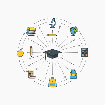 Graduation cap surrounded by educational tools in this creative vector graphic for school design concepts