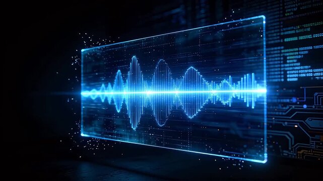 Transparent holographic screen displaying blue waveform data