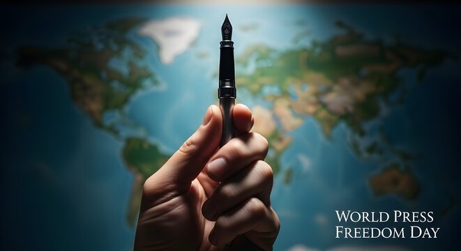 A hand holds a pen in front of a world map on World Press Freedom Day