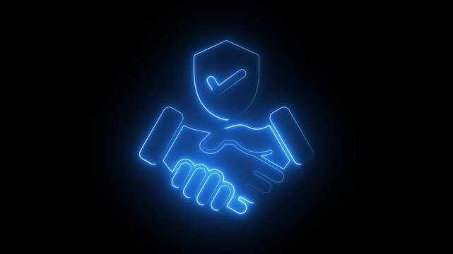 Neon handshake with shield animation: business partnership, trust, and security concept glowing checkmark