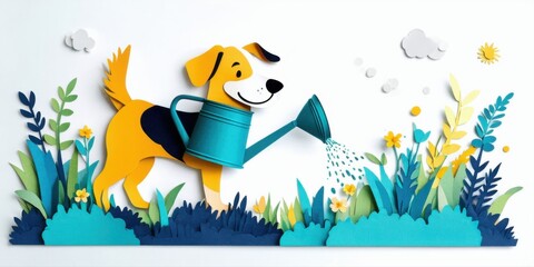 Fototapeta premium Papercraft depicts happy dog watering plants. Bright colors, simple shapes create cheerful garden scene. Sunlight, clouds complete idyllic setting.