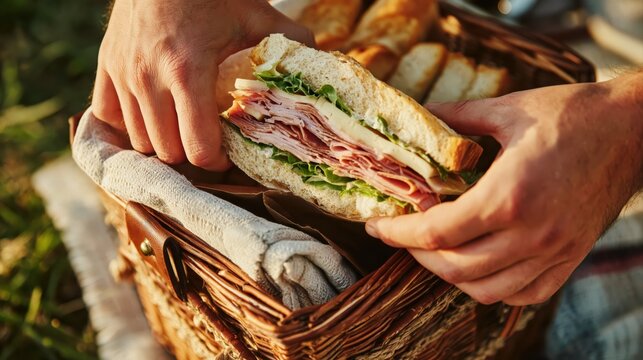 Hands hold a delicious ham and cheese sandwich from a picnic basket, enjoying an outdoor summer lunch