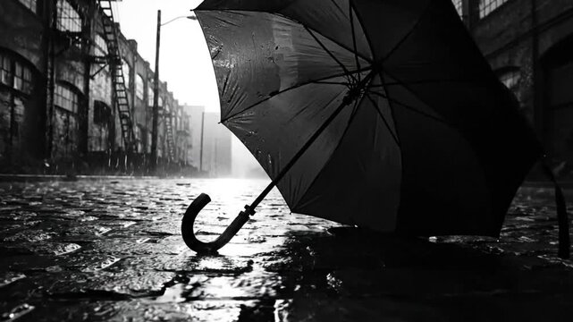 Rain falling on a cobblestone street with a partially open umbrella silhouetted in black and white