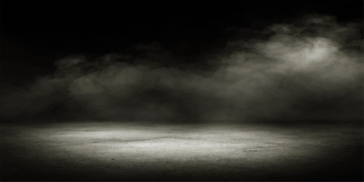 A dark storm cloudscape erupts with lightning against a black night sky, blending mist and smoke into a textured nature backdrop of atmospheric steam and shadow
