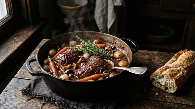Rustic Beef Bourguignon stew in a cast iron pot with carrots, onions, and mushrooms served with a crusty baguette on a weathered wooden table