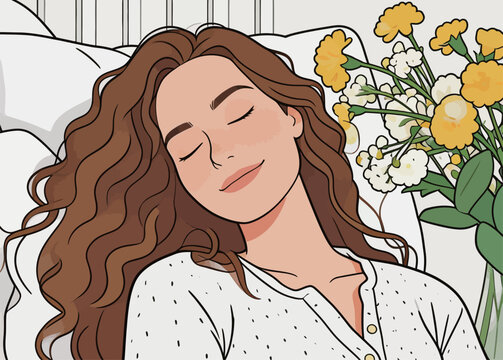 Woman Sleeping Peacefully in Bed with Flowers
