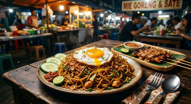 indonesian mie goreng with fried egg on top, chicken satay, crispy shallots, fresh cucumber slices, street food style, warm lighting, rich texture, appetizing and vibrant
