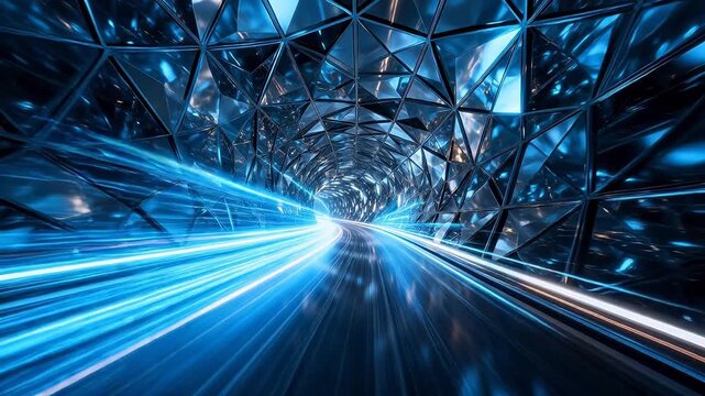 Futuristic geometric tunnel with triangular mirrors and light trails