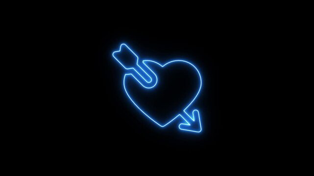 Glowing neon heart pierced by cupid arrow animation on black background, for romantic concepts, love