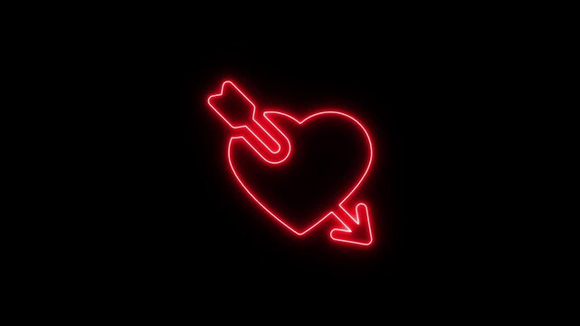 Glowing red neon heart pierced by cupid arrow animation on black background, love