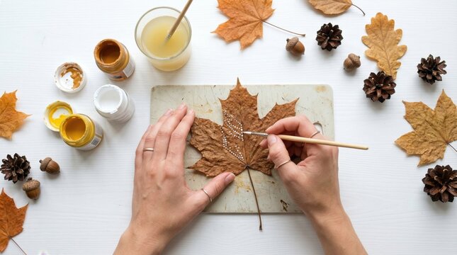 Top View of Woman Painting Detailed Patterns on a Dried Maple Leaf, Creative Autumn DIY Craft Project with Natural Elements like Pinecones and Acorns on a White Table.
