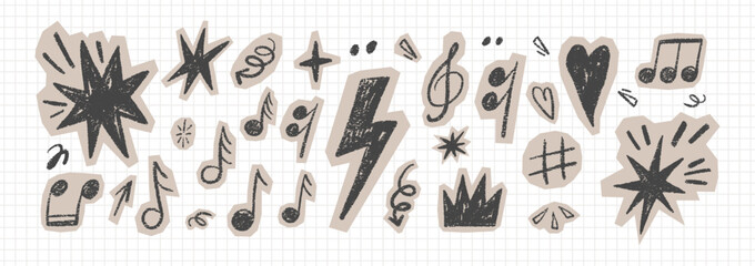 Hand-drawn music notes and rock elements with crayon texture. Punk doodle stickers featuring lightning bolts and hearts for scrapbook and collage project. Black vector illustration. © Arina