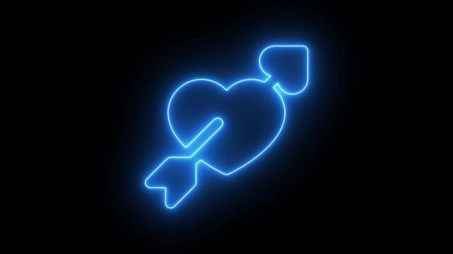 Glowing blue neon heart pierced by arrow animation on black background, love romance