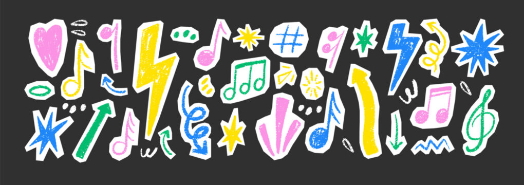 Punk rock doodle set with sketched icons, lightning bolts, hearts, and vintage grunge textures. Perfect for collage and scrapbook projects. Vector illustration.